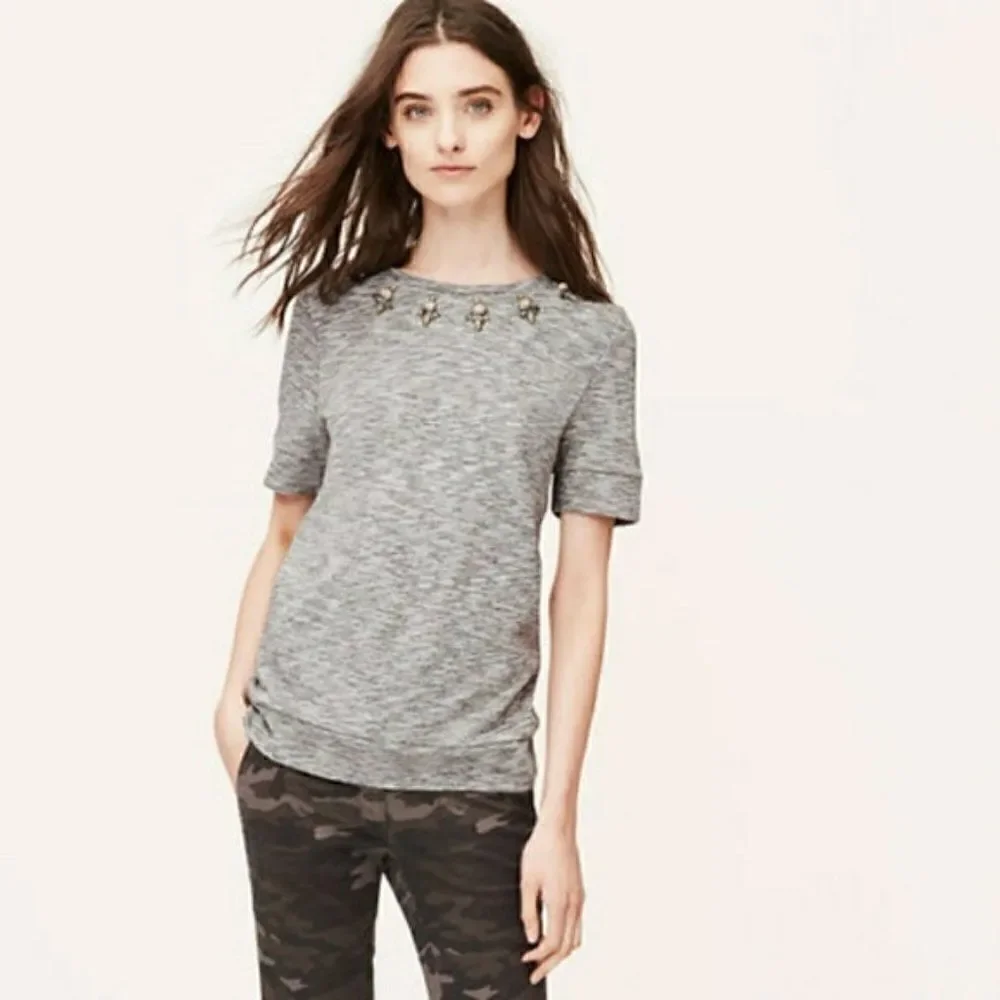 LOFT Jeweled Collar Sweat Shirt Top Gray Medium - Picture 2 of 3